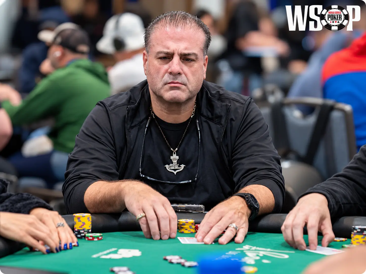 Anthony ‘Tony Stax’ Piacquadio at a poker tournament, wearing a black shirt and jacket.