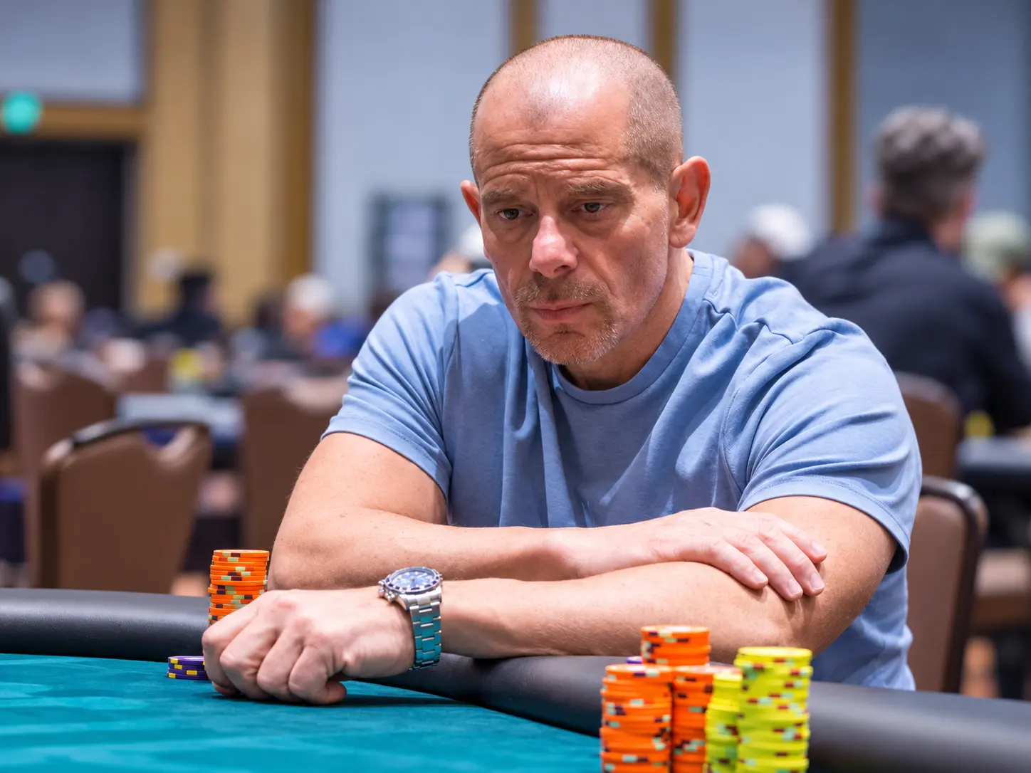 Will ‘The Thrill’ Failla in a light blue shirt at a poker tournament.