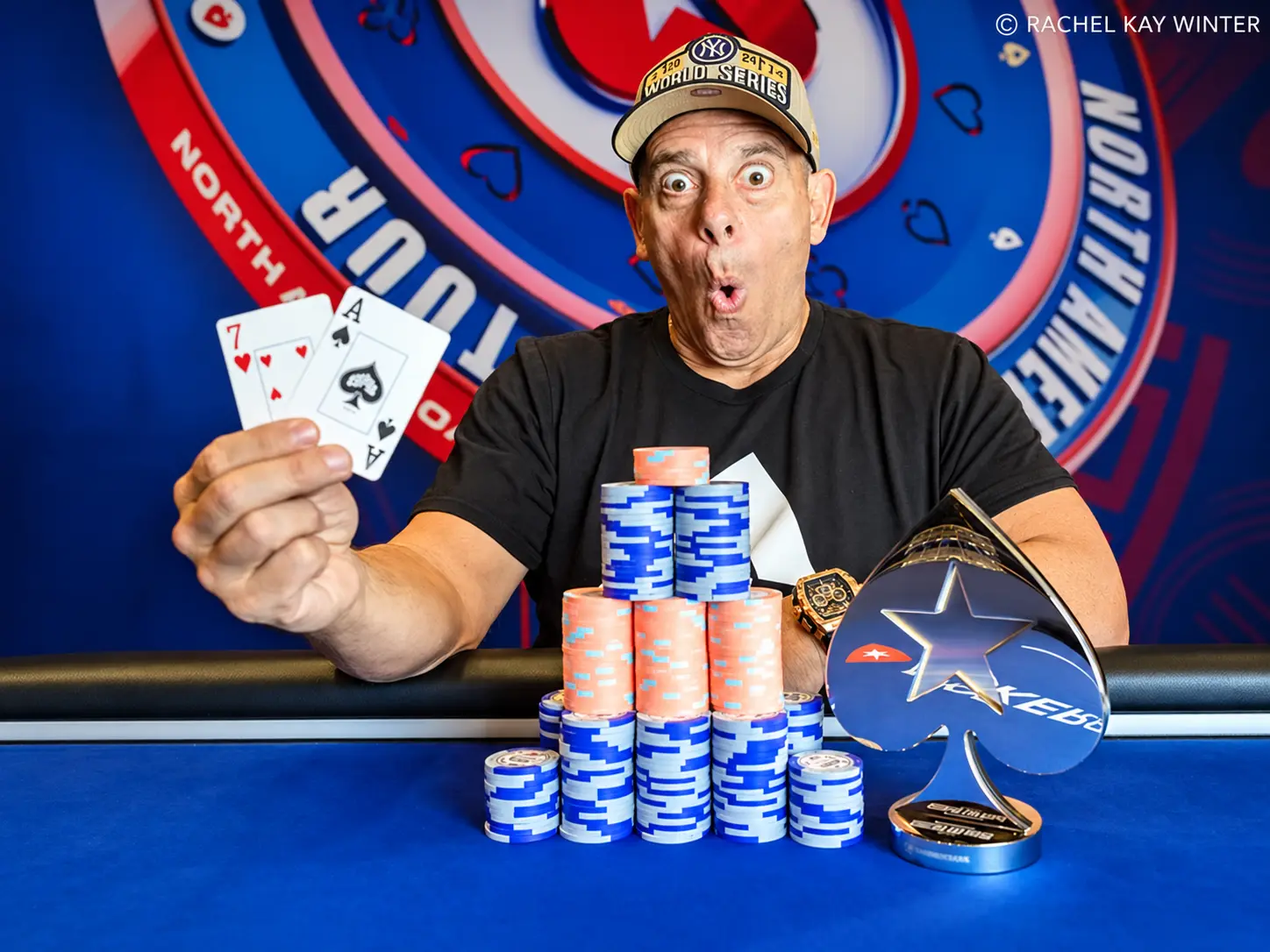 Will ‘The Thrill’ Failla posing with cards, chips, and his tournament trophy.